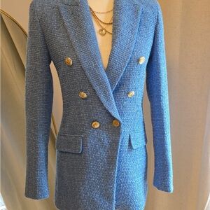 Zara Light Blue Double-Breasted Tweed Blazer with Gold Buttons